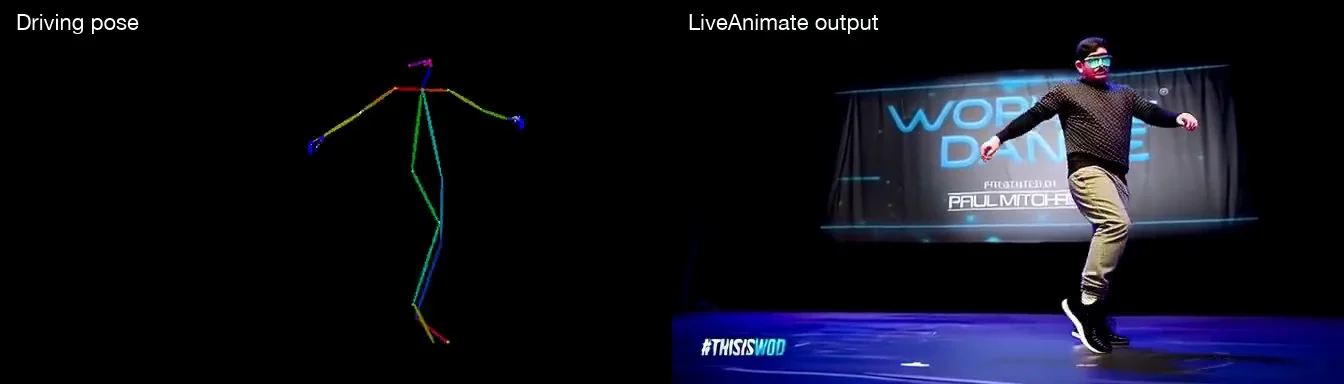 Driving pose skeleton and LiveAnimate output side by side