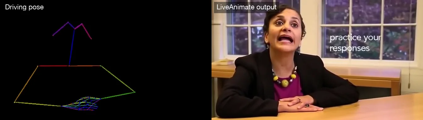 Driving pose skeleton and LiveAnimate output side by side