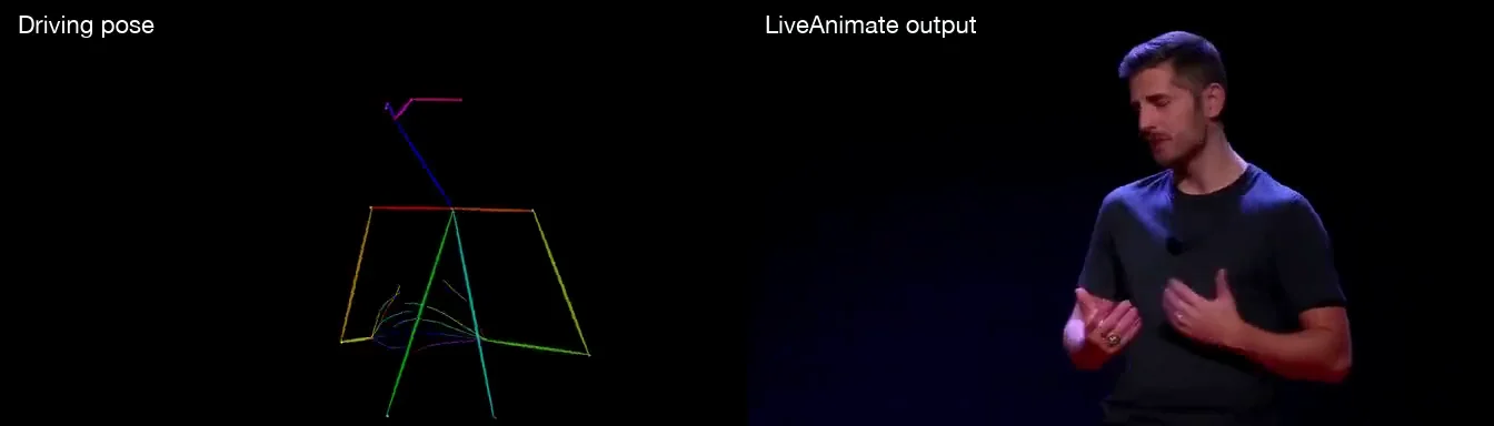 Driving pose skeleton and LiveAnimate output side by side