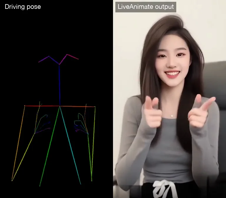 Driving pose skeleton and LiveAnimate output side by side