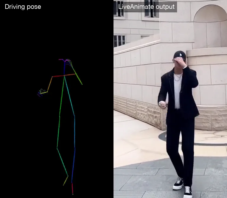 Driving pose skeleton and LiveAnimate output side by side