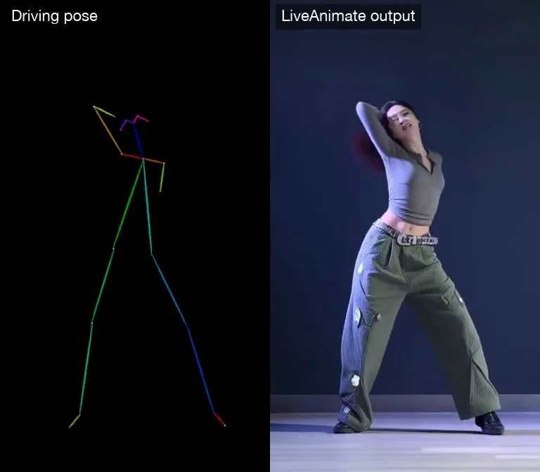 Driving pose skeleton and LiveAnimate output side by side